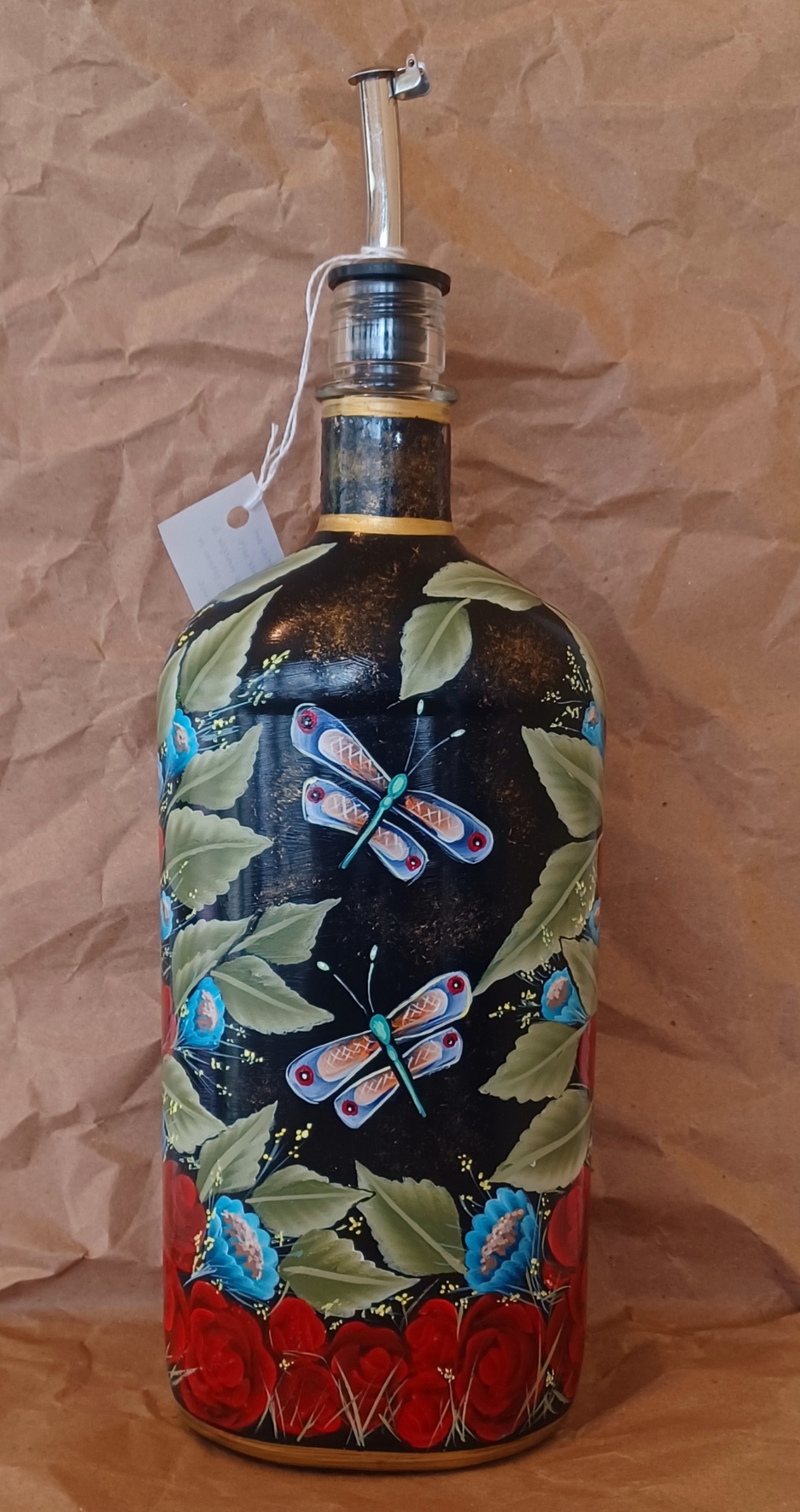 Hand-Painted Dragonfly & Rose Liquor Bottle