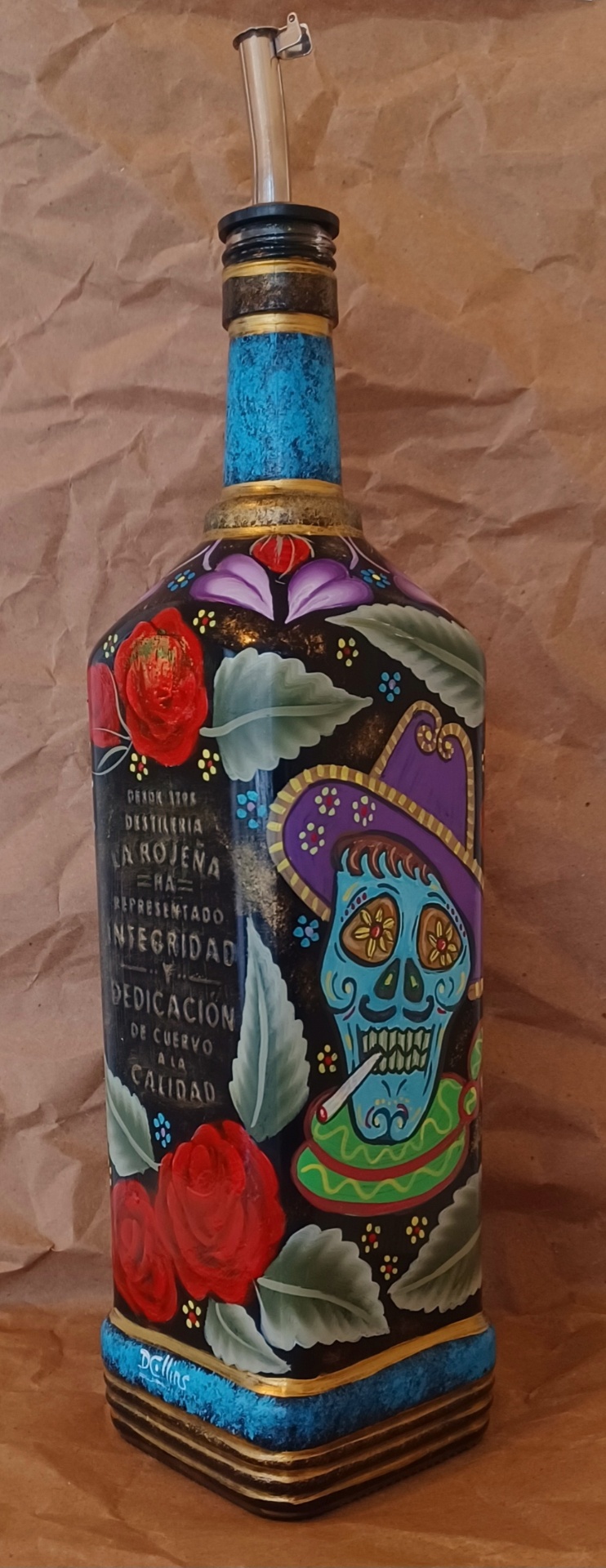 Hand-Painted Día de los Muertos Liquor Bottle