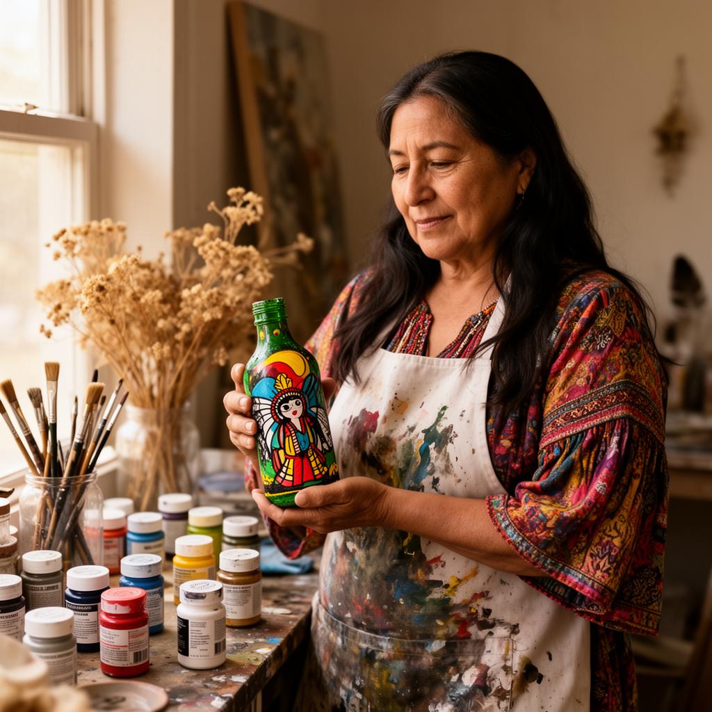 The artist behind Belvitro, holding a hand-painted bottle in her studio.
